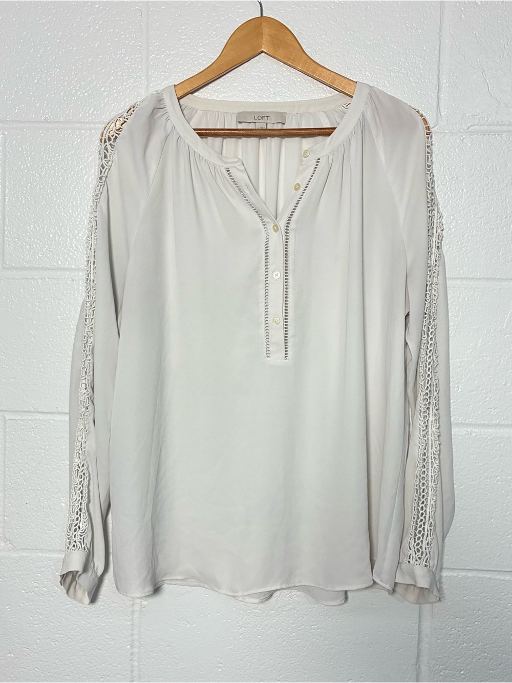 LOFT white crochet lace long sleeve half button up top
